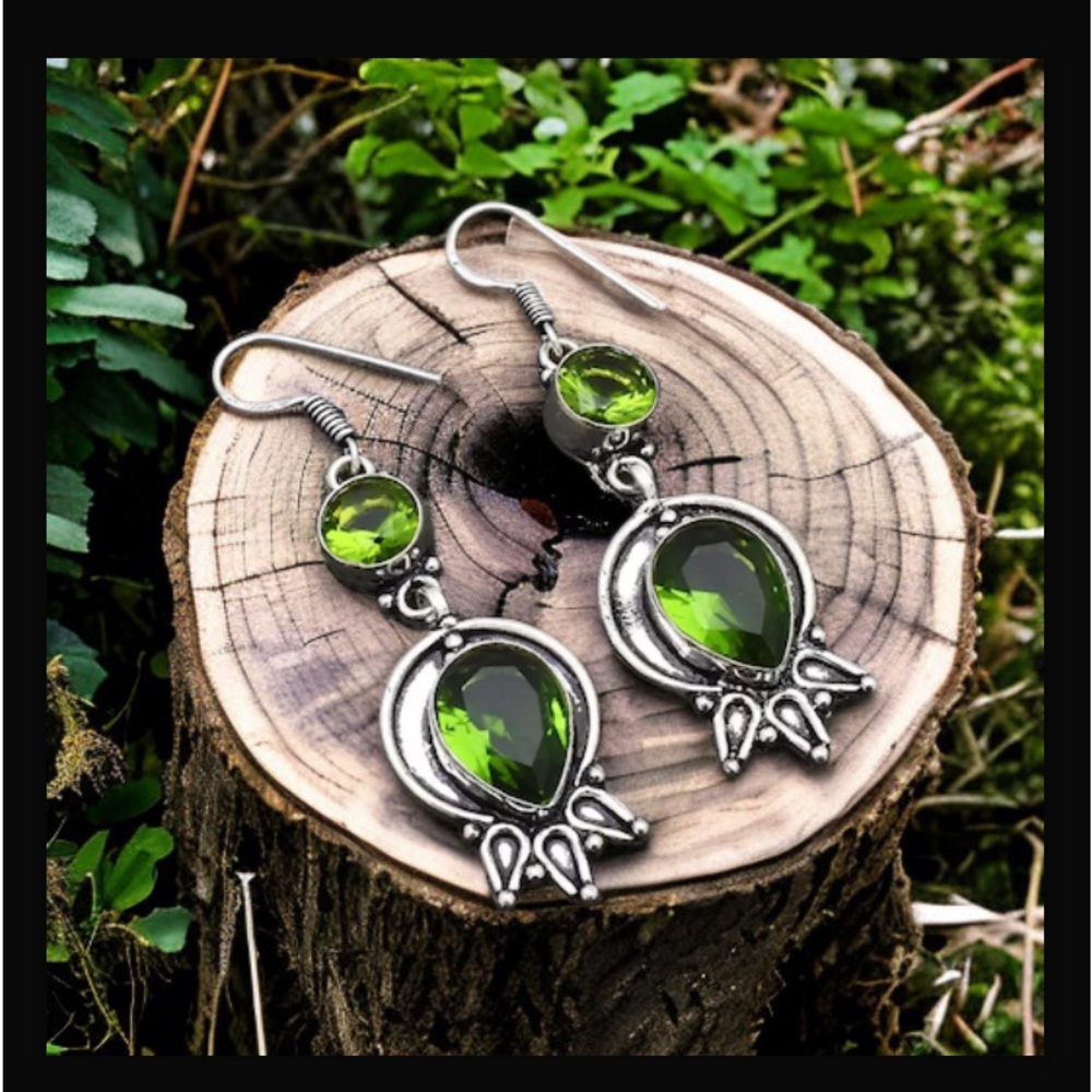Peridot Handcrafted Drop Dangle Hook Style Earrings 2.32" Long Made In India NWT - Picture 2 of 16